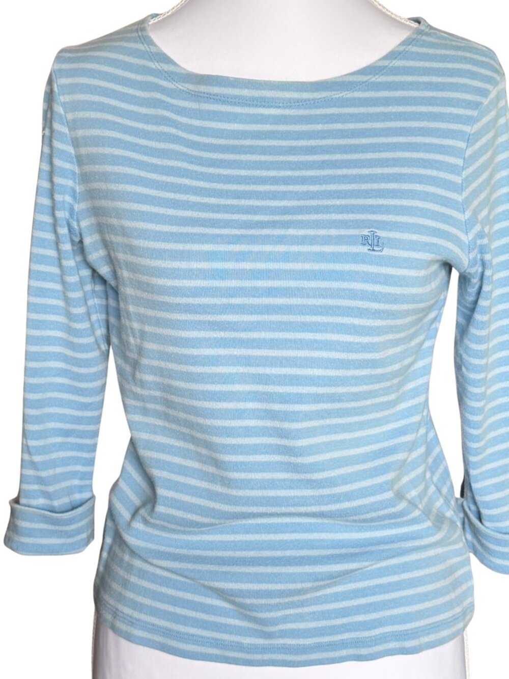Lauren Ralph Lauren Women M Striped Stretch Cotton Boatneck Tee 3/4 Sleeve Blue